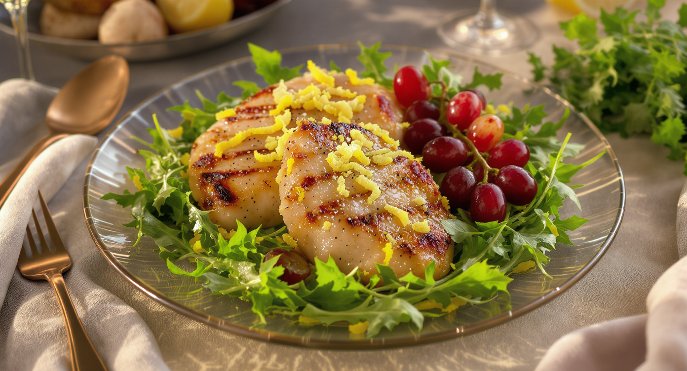 Flat Top Lemon-Herb Chicken with Roasted Grapes and Arugula