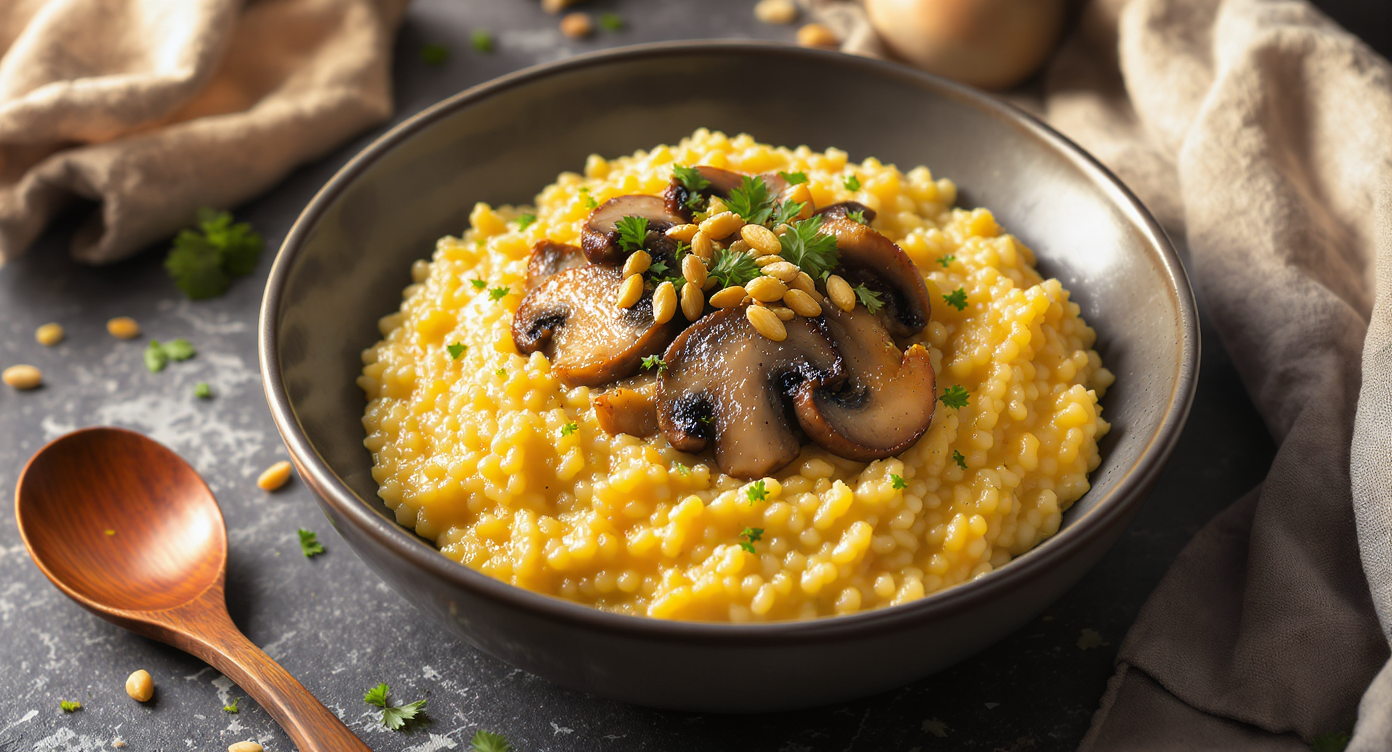 Northern European-Inspired Mushroom & Farro Risotto with Toasted Pine Nuts