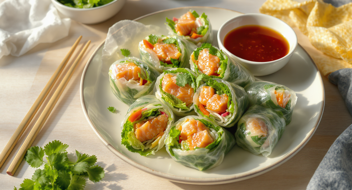 Vietnamese Salmon Rice Paper Rolls with Nuoc Cham