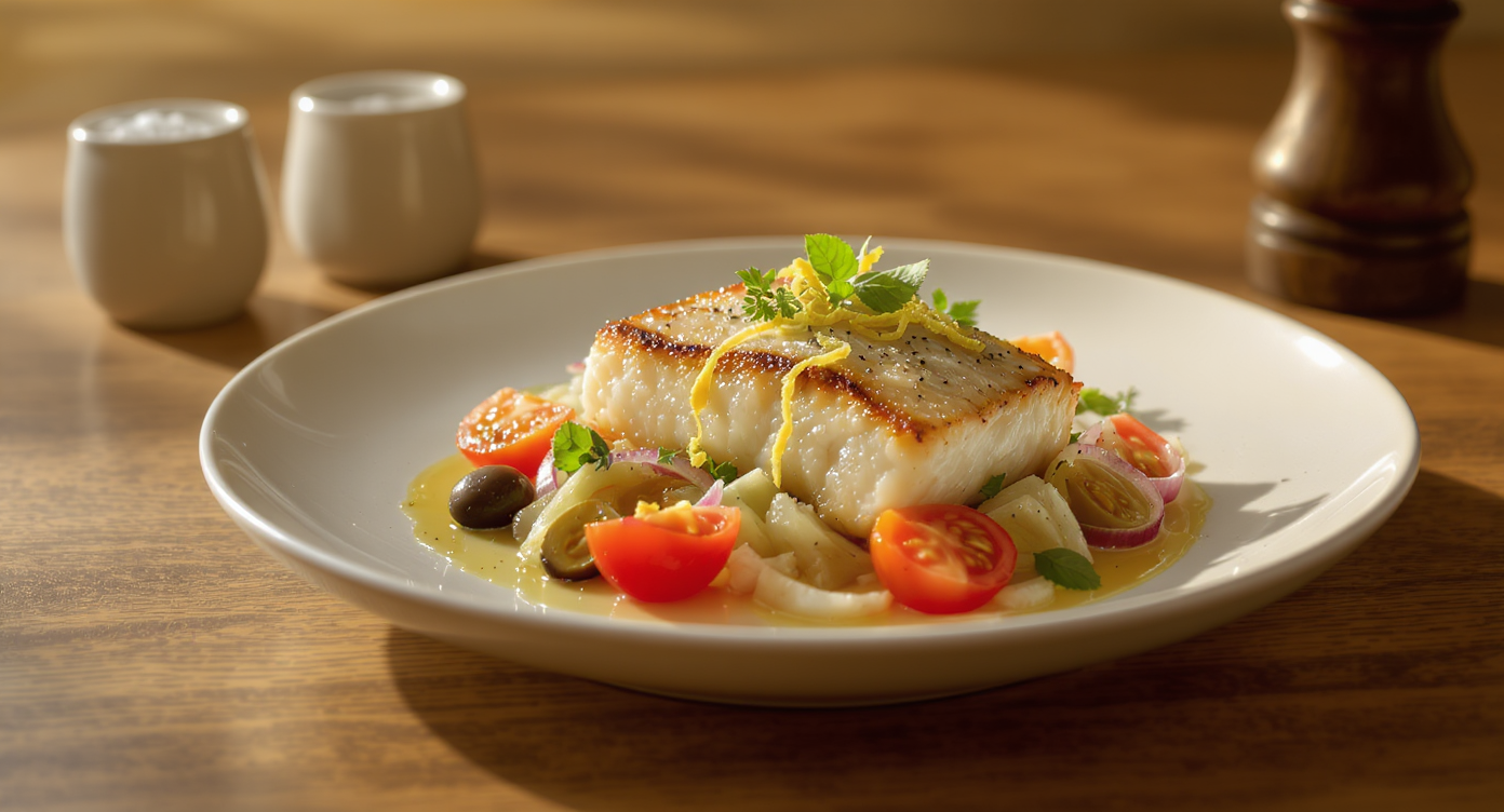 Seared Pacific Fish with Fennel, Tomato & Olive Salad