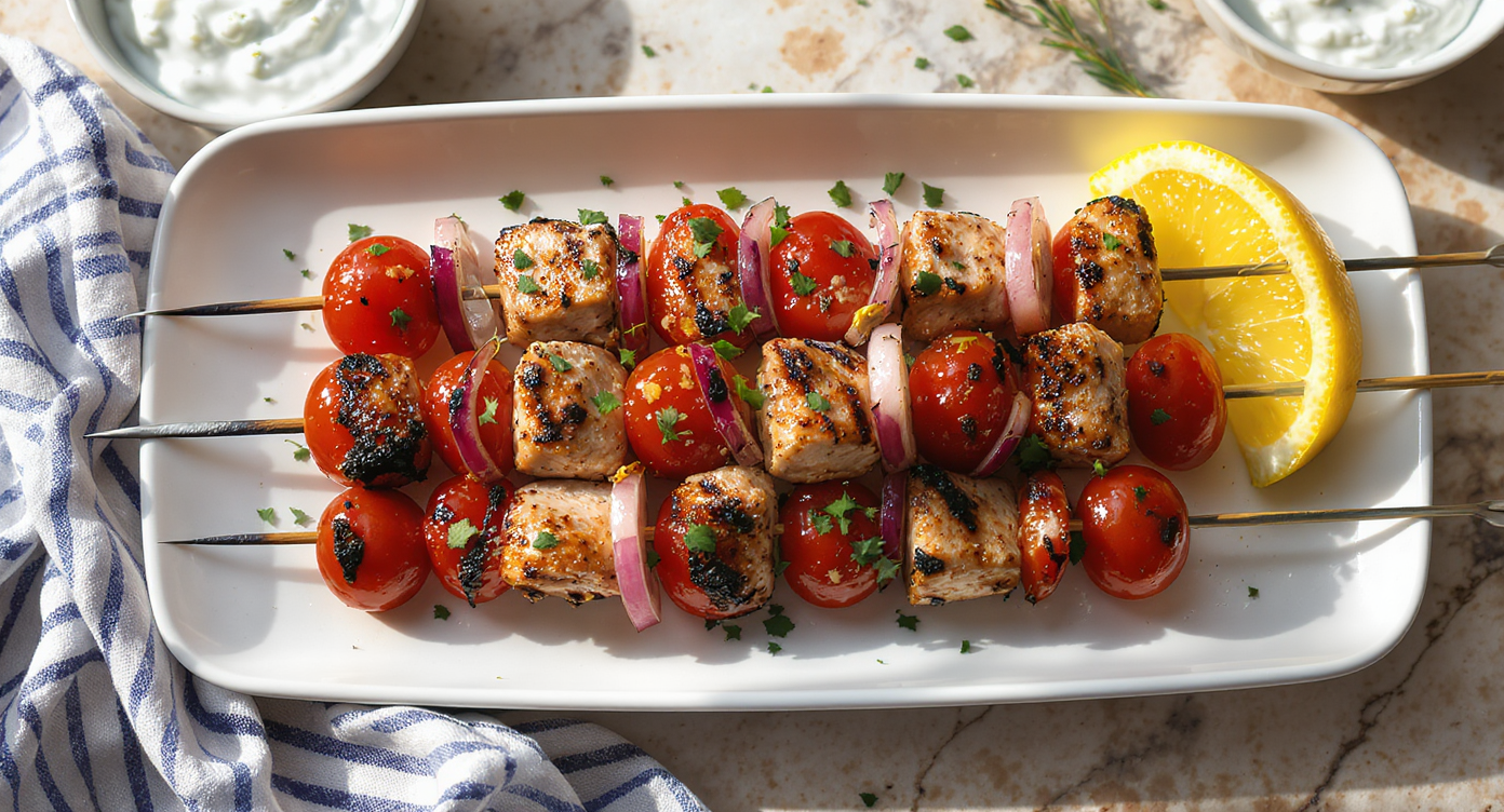 Mediterranean Chicken Souvlaki Skewers with Cow’s Milk Tzatziki and Greek Salad (Feta-Free)