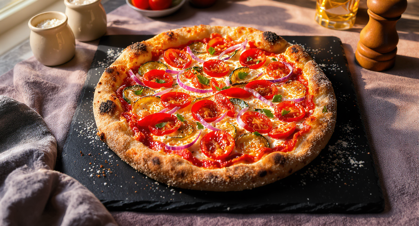 Crispy Mediterranean-Inspired Pizza with Herbed Ricotta and Roasted Vegetables