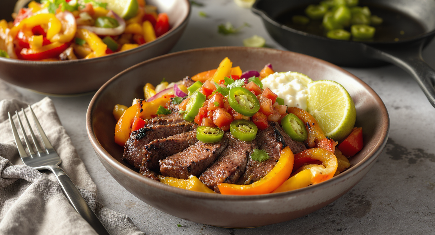 Steak Fajita Bowls with Charred Veggies (Cilantro-Free, High-Protein, Blackstone Griddle Style)