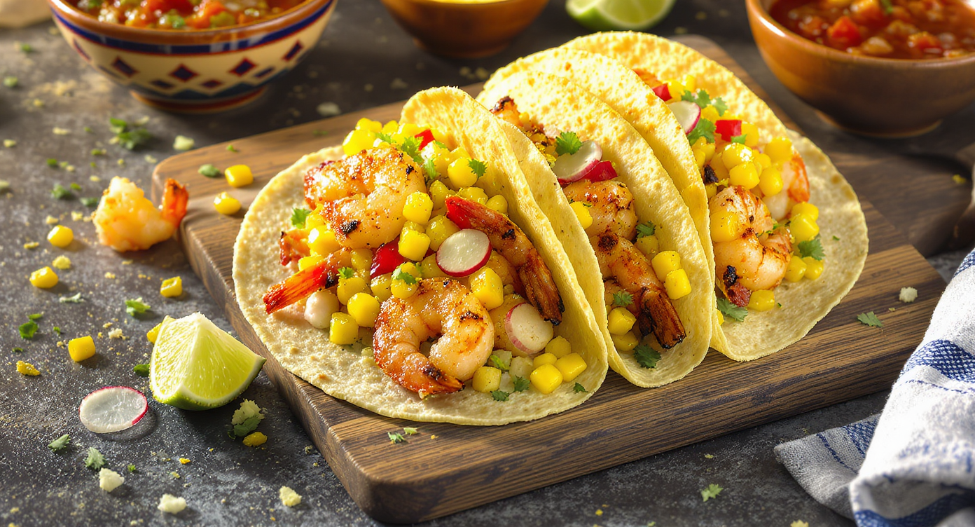Seared Shrimp & Summer Corn Tacos with Chipotle Mayo and Crunchy Cabbage Slaw
