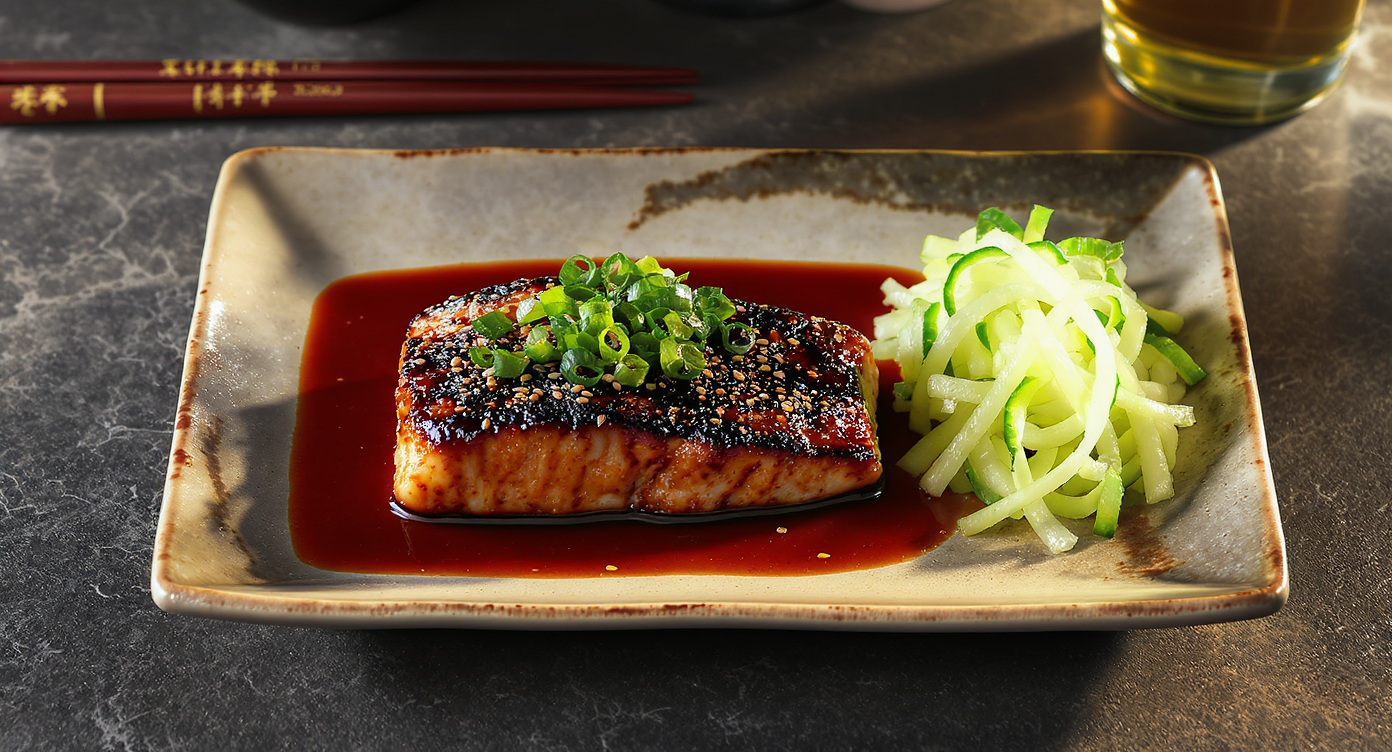 Miso-Glazed Black Cod with Pickled Cucumber & Steamed Rice