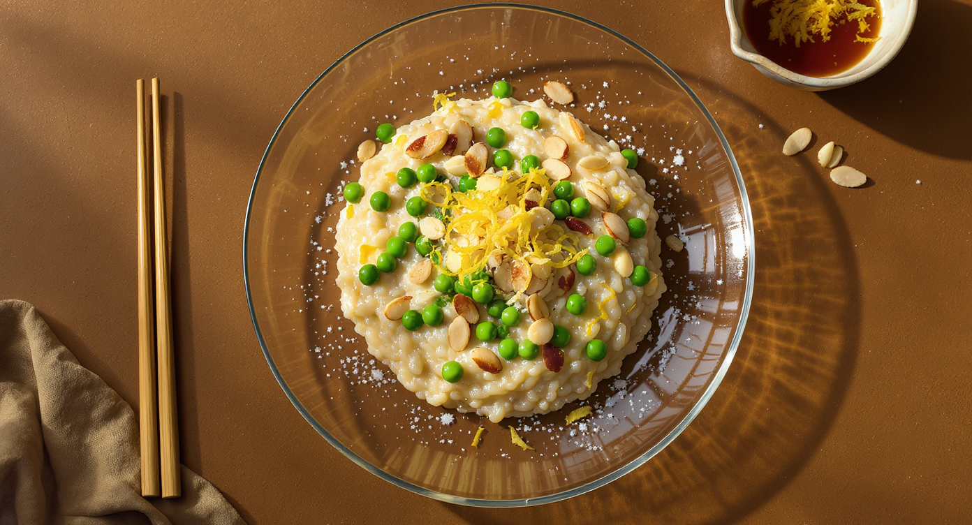 Lovage & Spring Pea Risotto with Lemon and Toasted Almonds