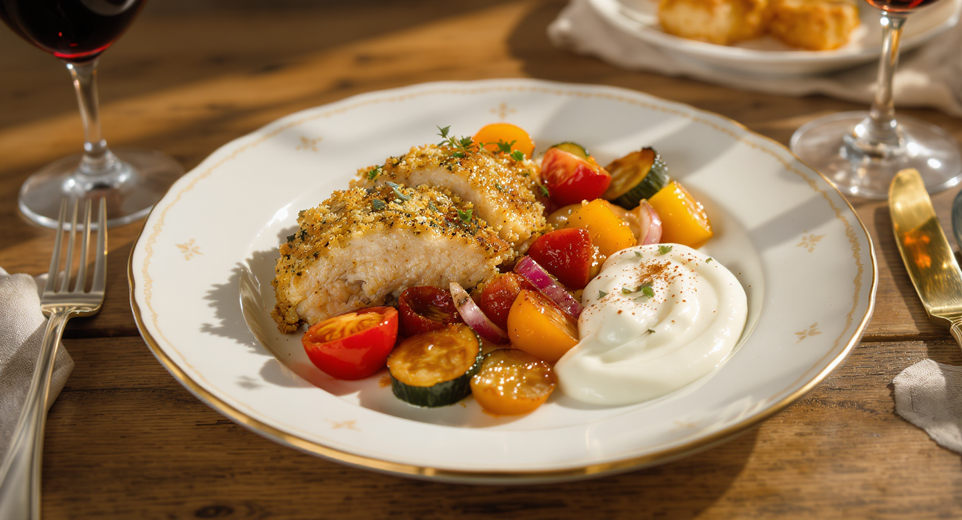 Mediterranean Herb-Crusted Chicken Breast with Roasted Veggies and Lemon Yogurt Sauce