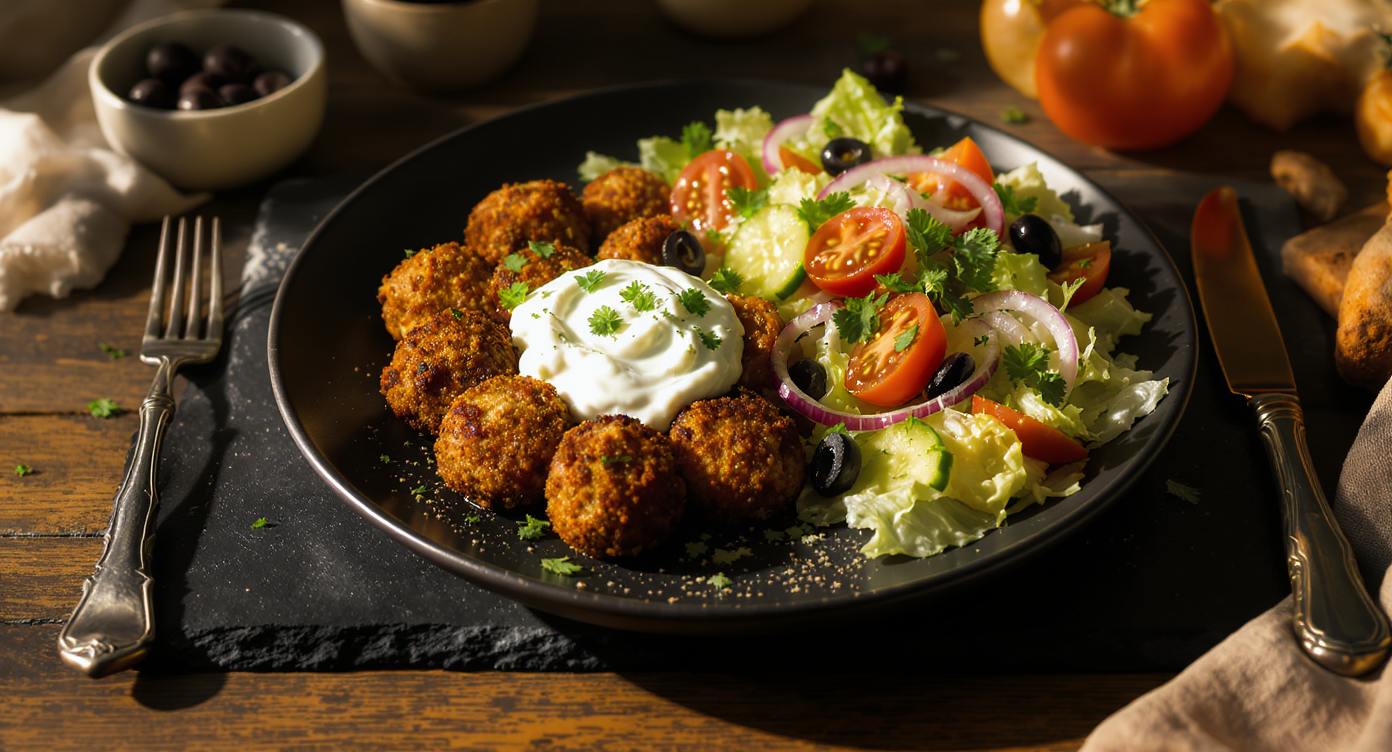 Crispy Oven-Baked Falafel with Protein Tzatziki & Refreshing Mediterranean Salad