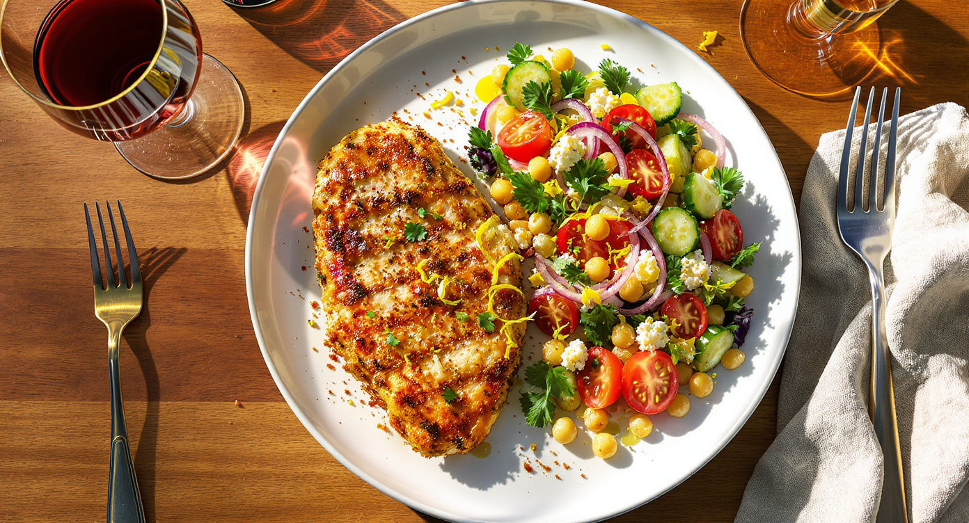 Air Fryer Za’atar Chicken with Crispy Chickpea & Summer Veggie Salad