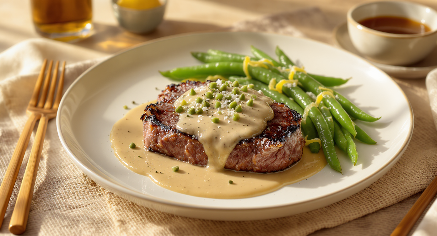 Pan-Seared Steak with Creamy Peppercorn Sauce & Garlicky Green Beans