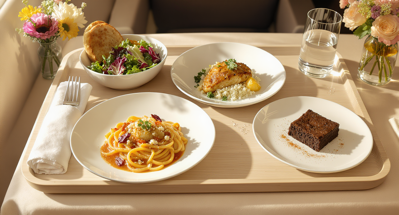 Airline-Inspired Three-Course Meal: Salad, Butter Chicken, Gemelli Pasta, and Brownie Deluxe