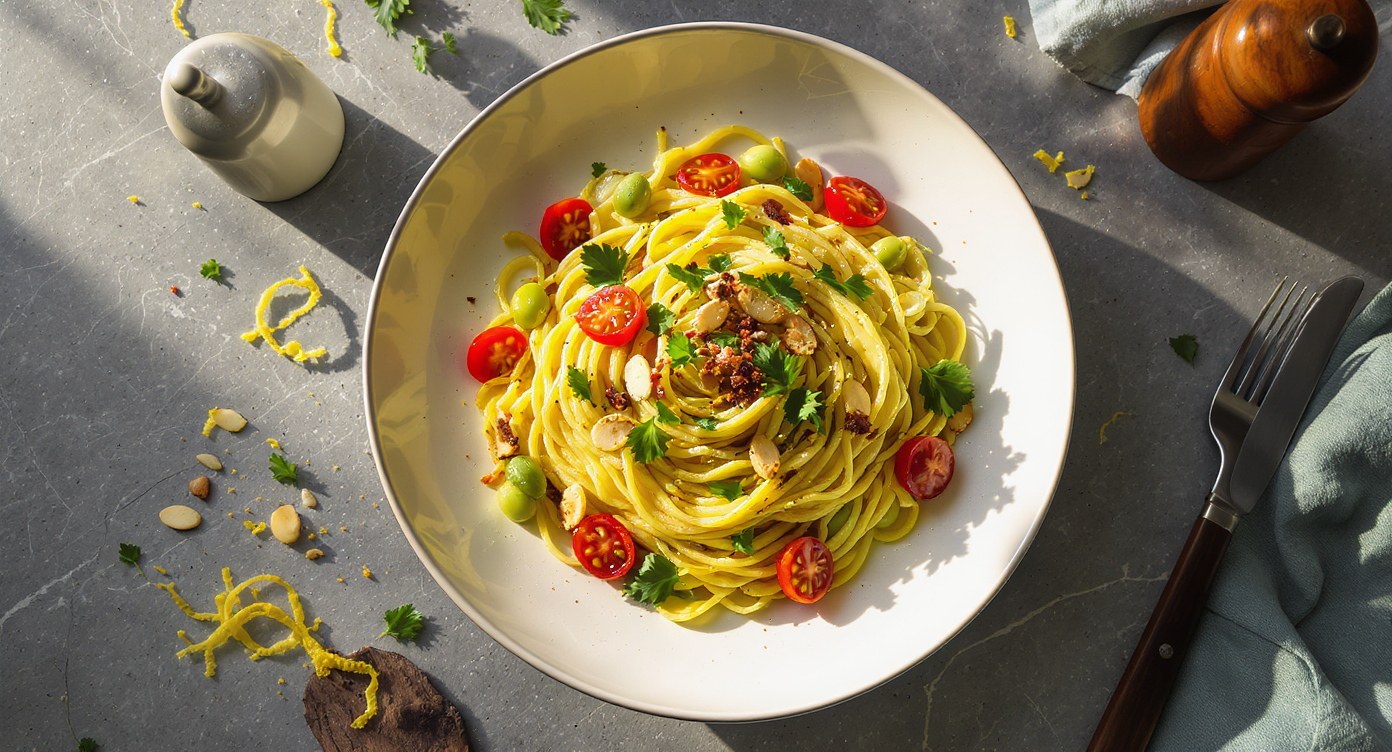 Lemony Vegan Edamame Pasta with Toasted Almonds & Herbs