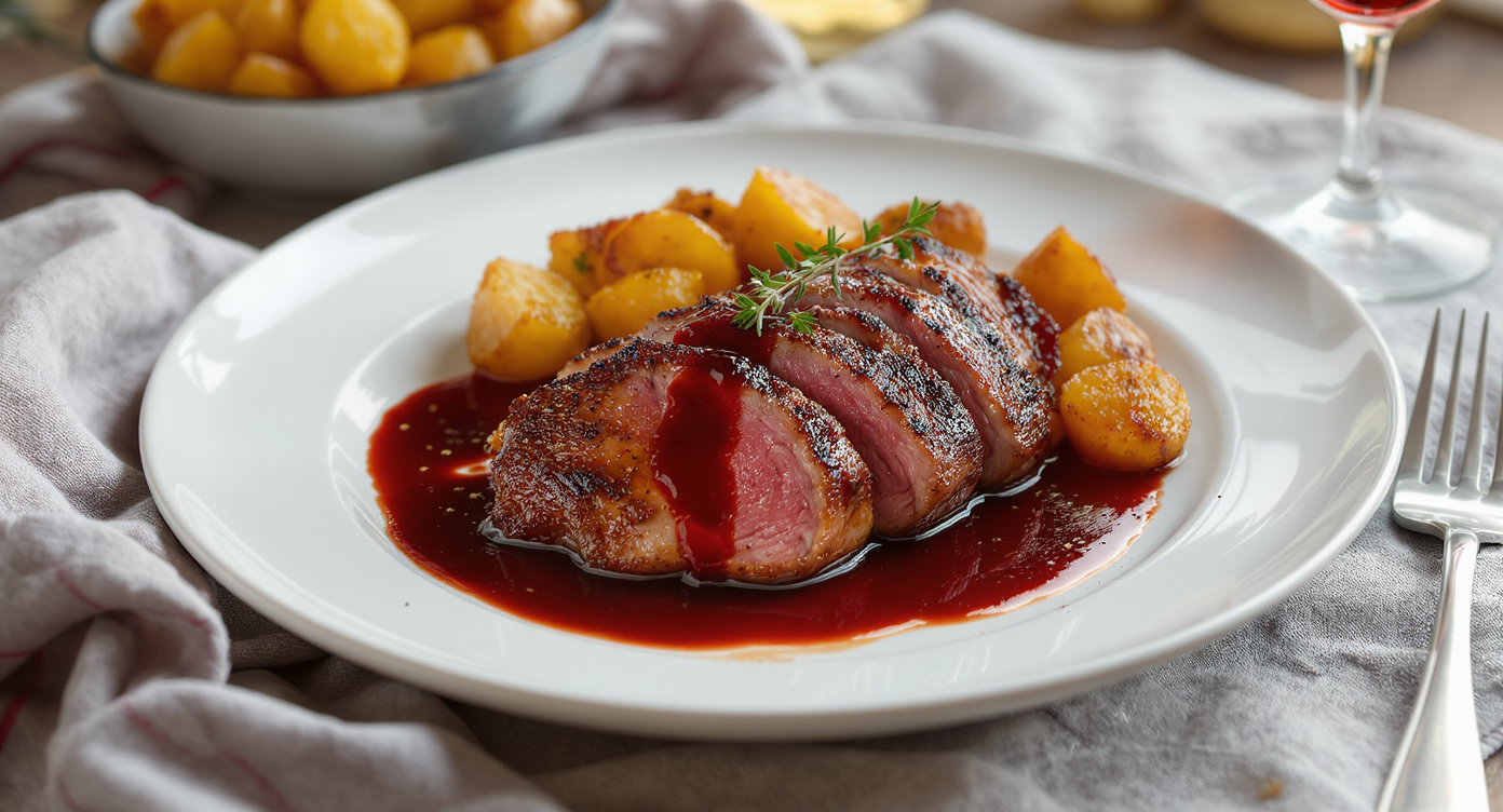 French Pan-Seared Duck Breast with Cherry-Port Reduction, Roasted Fingerlings & Simple Green Salad