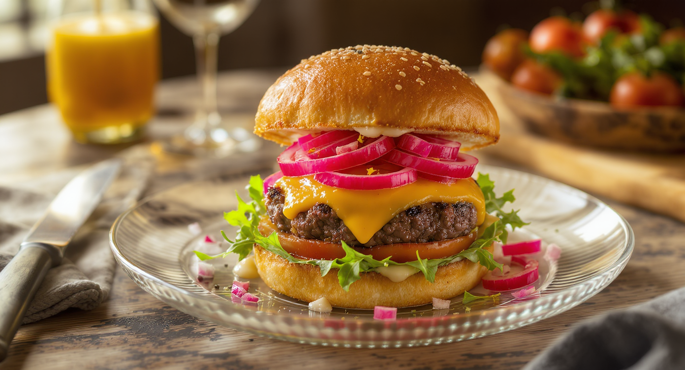 Artisan Brioche Burger with Cheddar & Pickled Onions