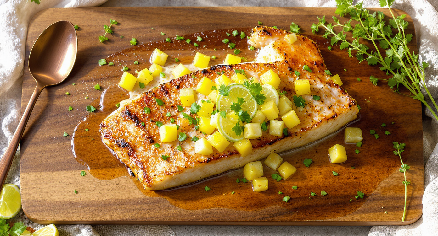 Pan-Seared Halibut with Honeydew-Lime Salsa & Thyme Butter Featuring Paul Matthew Sauvignon Blanc
