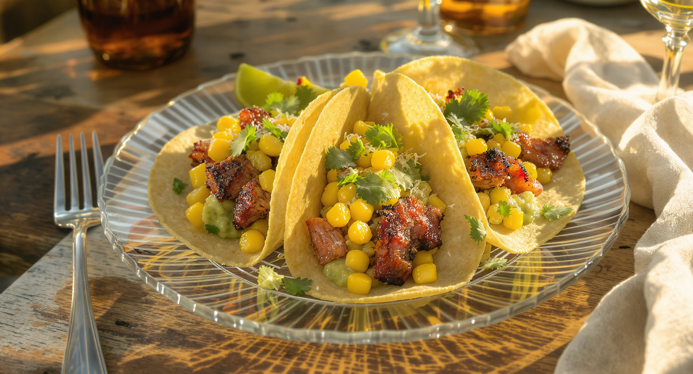 Sweet Corn & Charred Pork Belly Tacos with Avocado Salsa