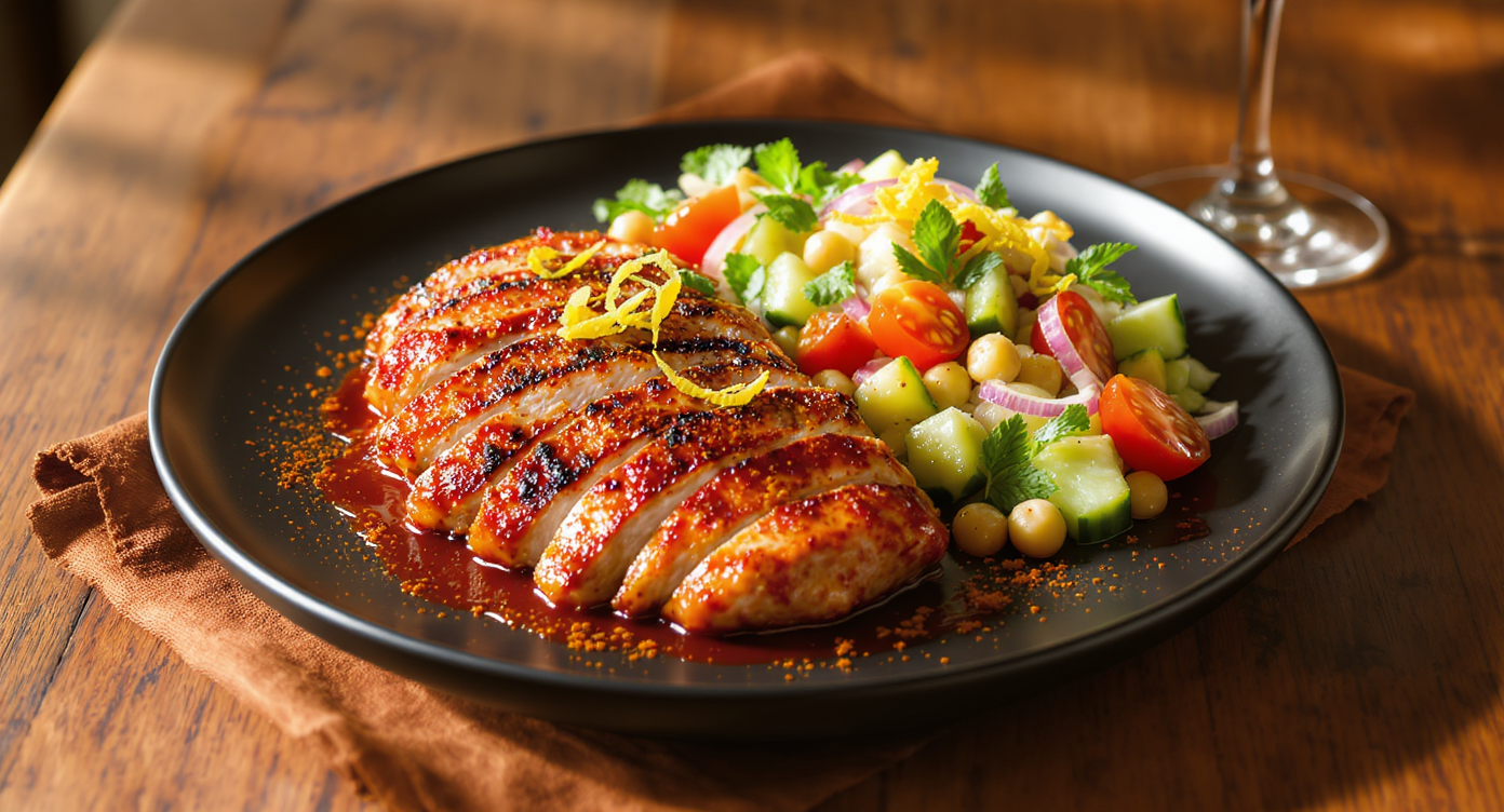 Harissa Chicken with Chickpea Cucumber Salad