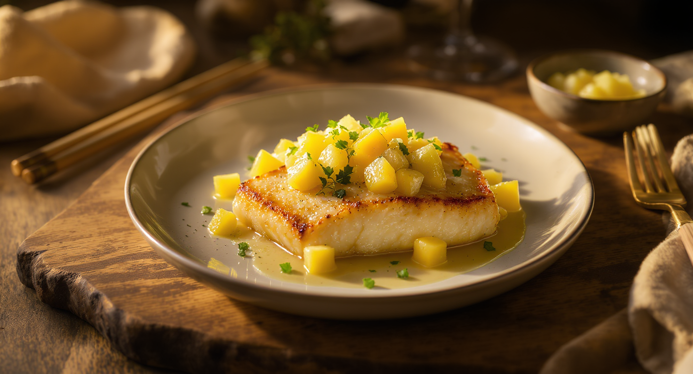 Pan-Seared Halibut with Honeydew-Lime Salsa & Thyme Butter