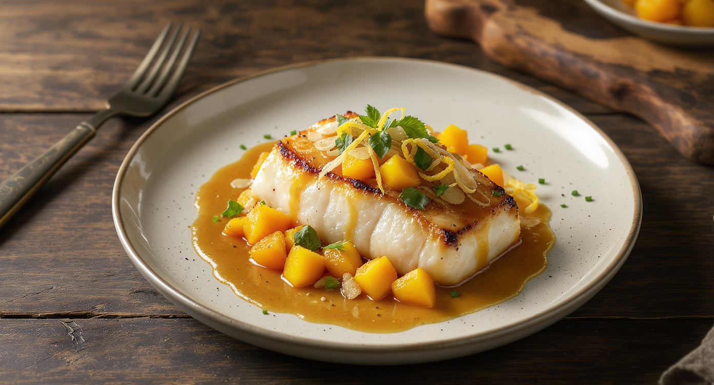 Pan-Seared Halibut with Stone Fruit & Honeyed Viognier Sauce
