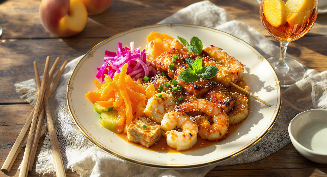 California Summer Korean BBQ: Shrimp, Tofu & Seasonal Veggie Bonchon + Soju Stone Fruit Spritz