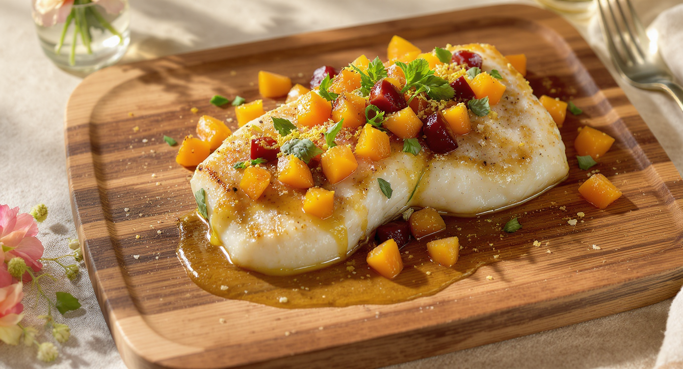 Pan-Seared Halibut with Stone Fruit & Honeyed Viognier Sauce