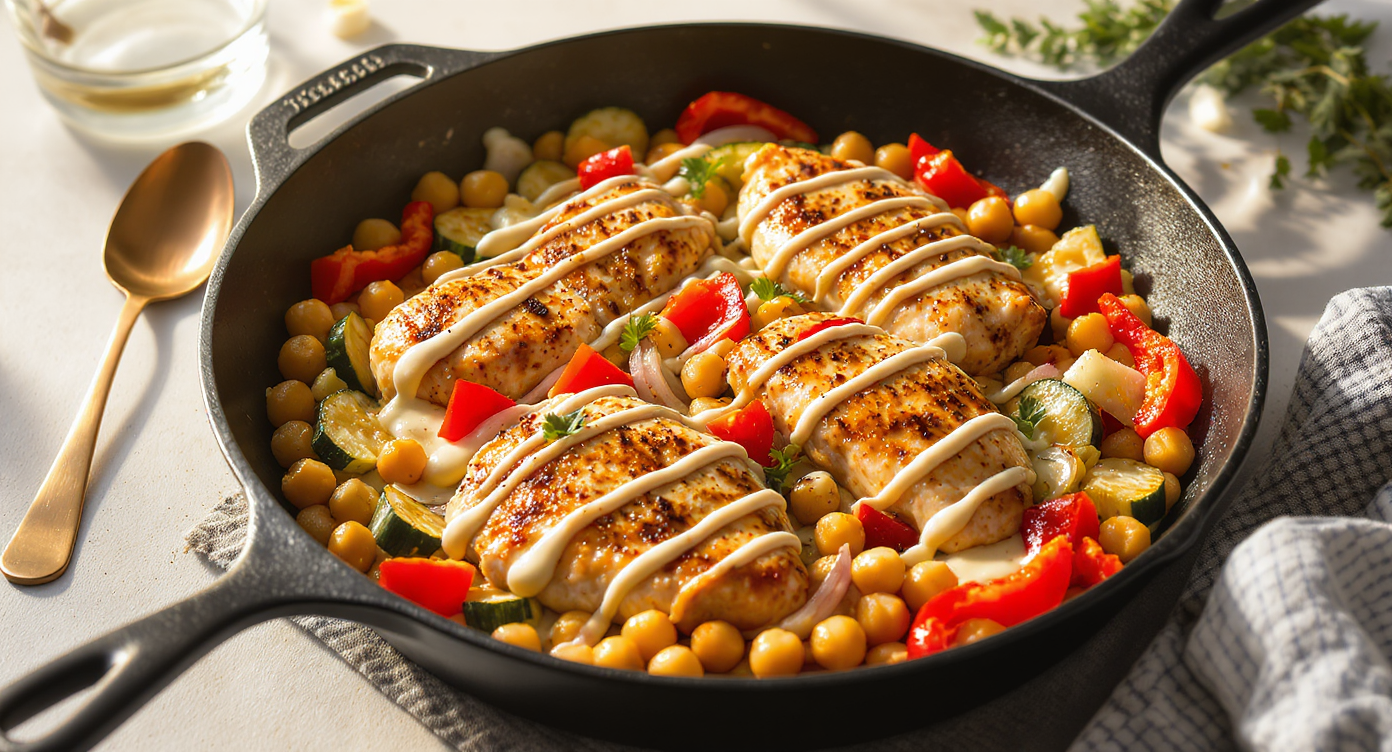 Mediterranean Sheet Pan Chicken & Chickpeas with Lemon-Tahini Drizzle