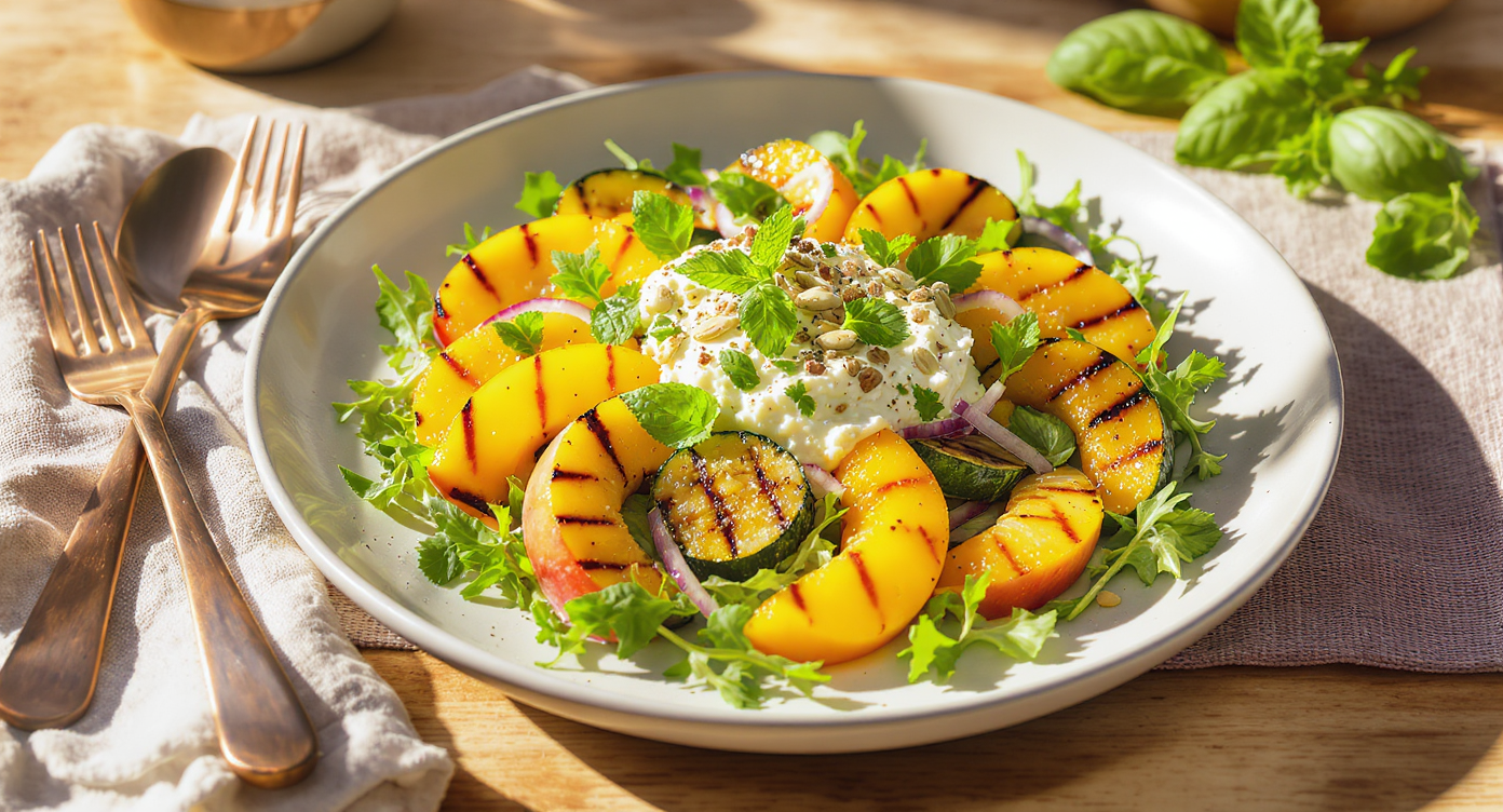 Grilled Peach & Zucchini Salad with Herbed Almond Ricotta