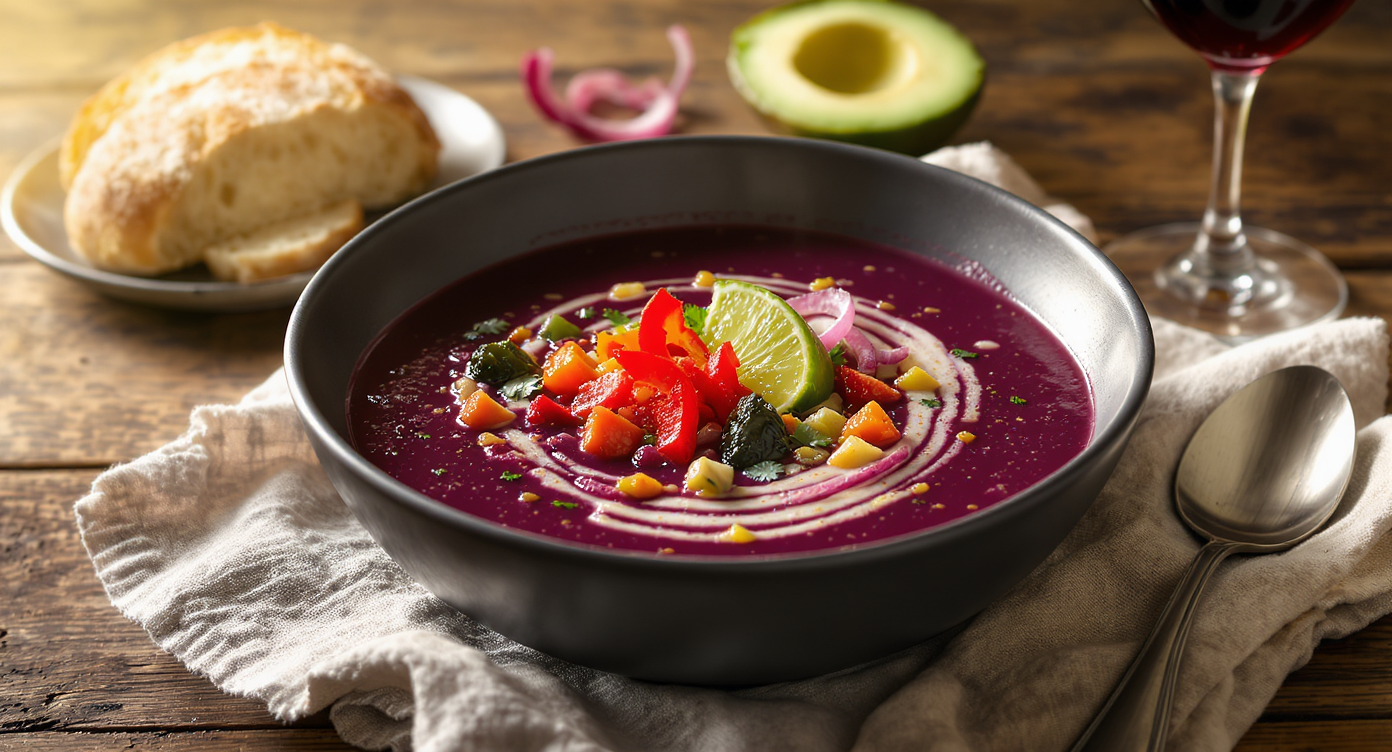 Vegan Ayocote Morado Soup with Lime and Charred Vegetables
