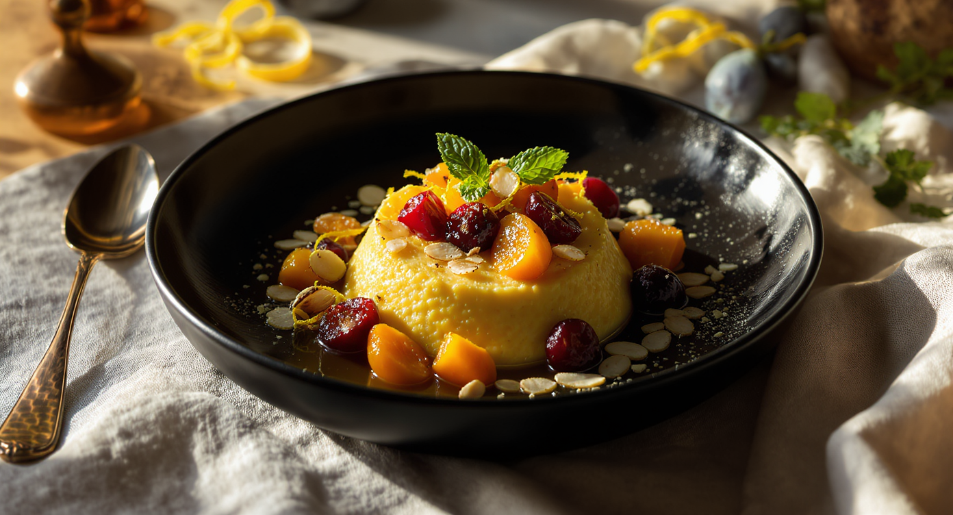 Olive Oil Polenta Custard with Roasted Stone Fruit & Toasted Almonds