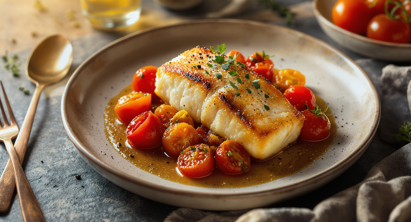 Pan-Seared Cod with Roasted Cherry Tomatoes & Herb Butter