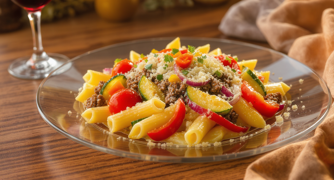 Cheesy Beef & Veggie Pasta Skillet