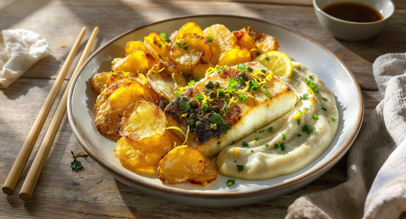 Mediterranean Baked Cod with Crispy Potato Wafers & Herby Chickpea Purée