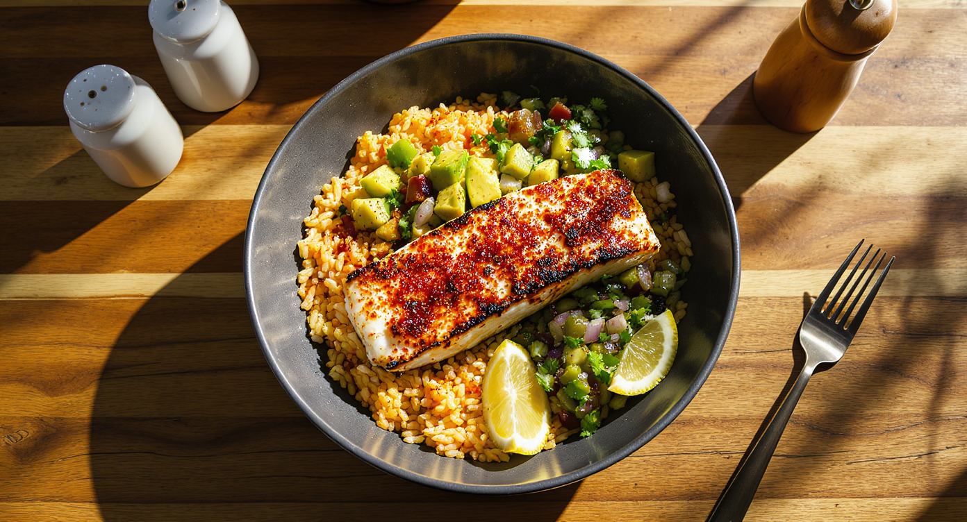 Low-Glycemic Carolina Gold Rice Bowl with Blackened Fish & Green Tomato Relish