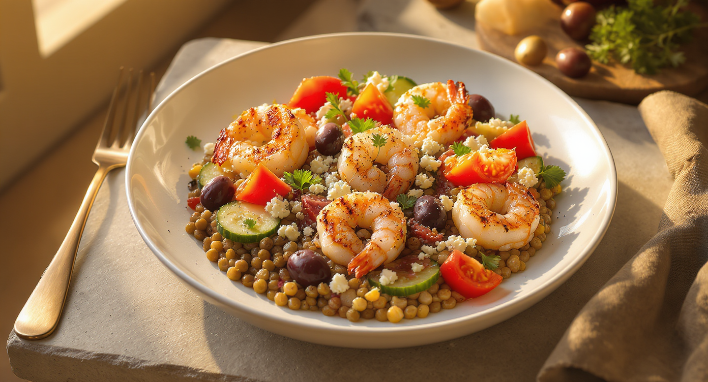 Mediterranean Lentil & Seared Shrimp Dinner Bowls