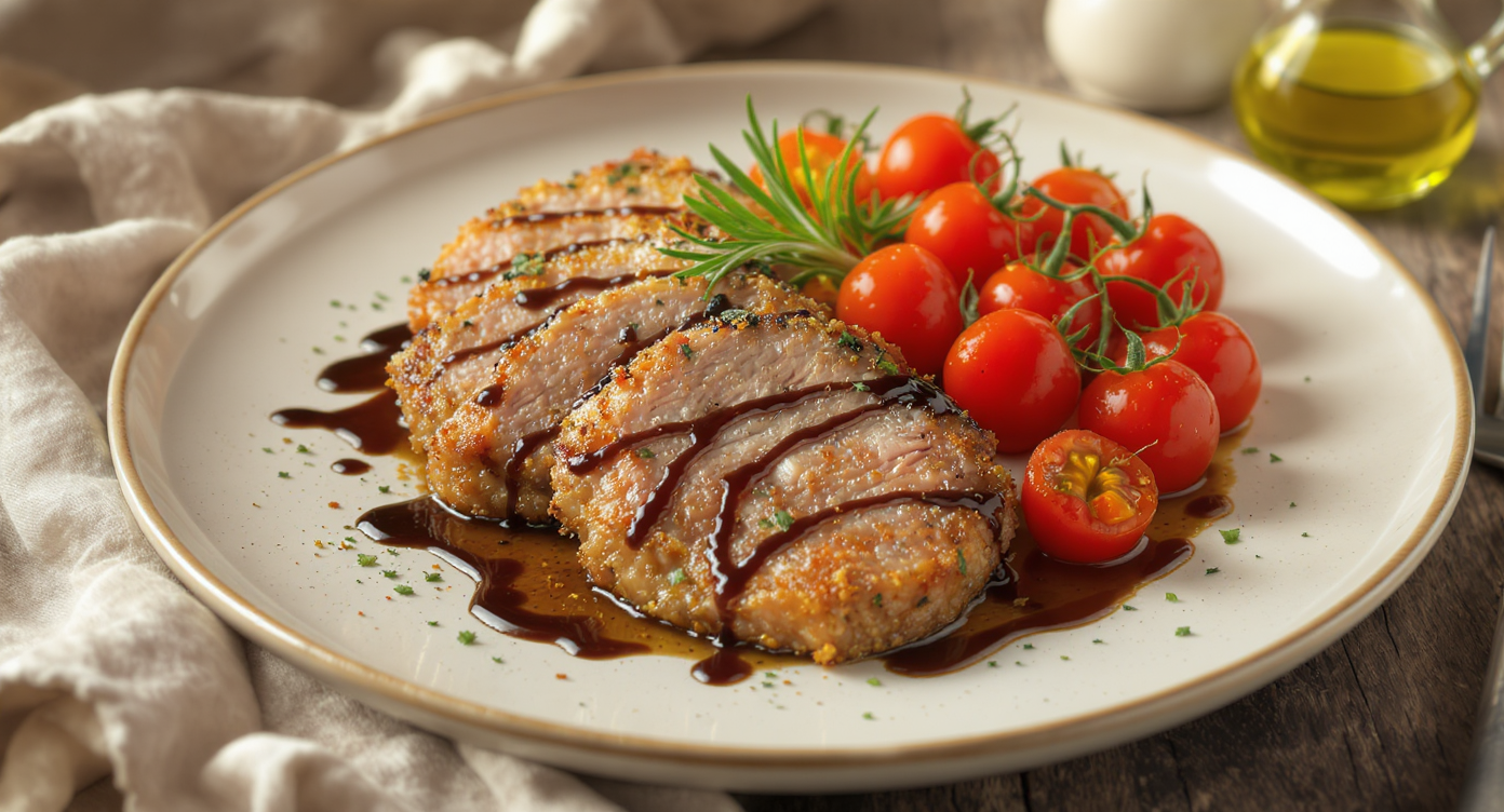 Tuscan Herb-Crusted Pork Loin Medallions with Balsamic Reduction & Roasted Cherry Tomatoes