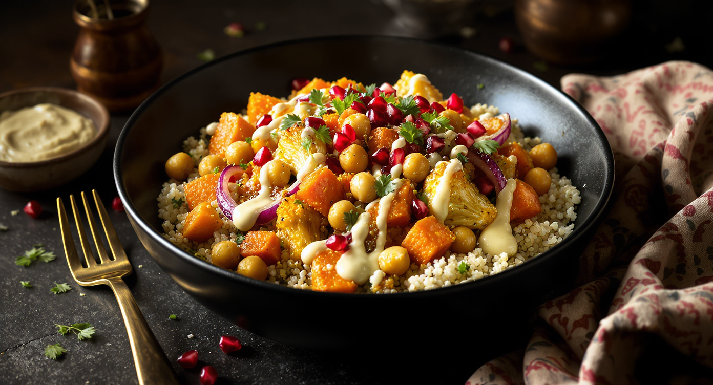 Spiced Chickpea Shawarma Bowl with Roasted Vegetables & Lemony Tahini
