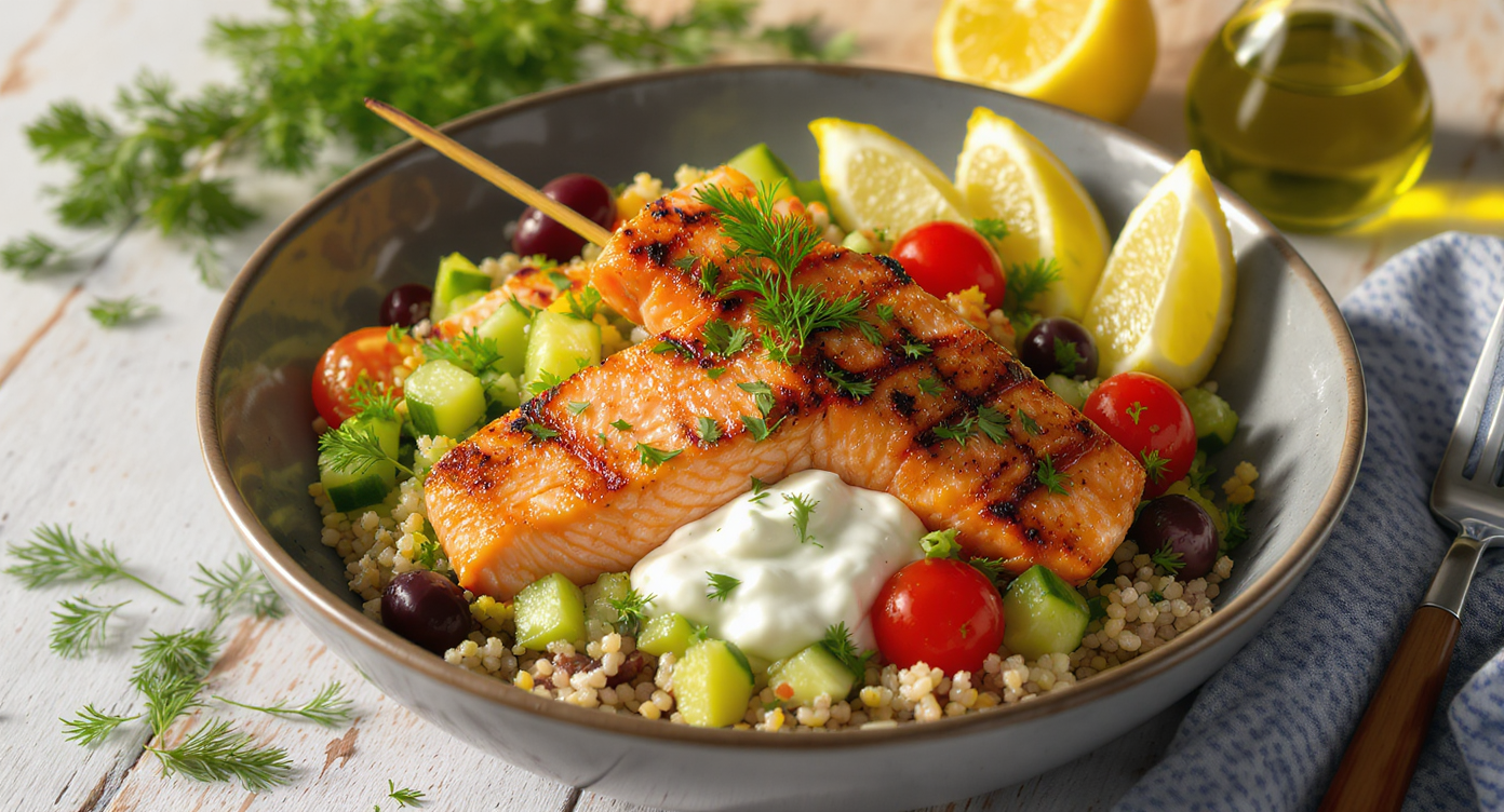 Greek Salmon Souvlaki Grain Bowl
