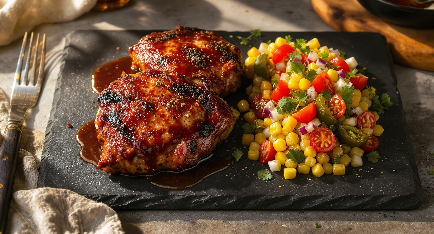 California-Style BBQ Chicken Thighs with Grilled Corn Salsa