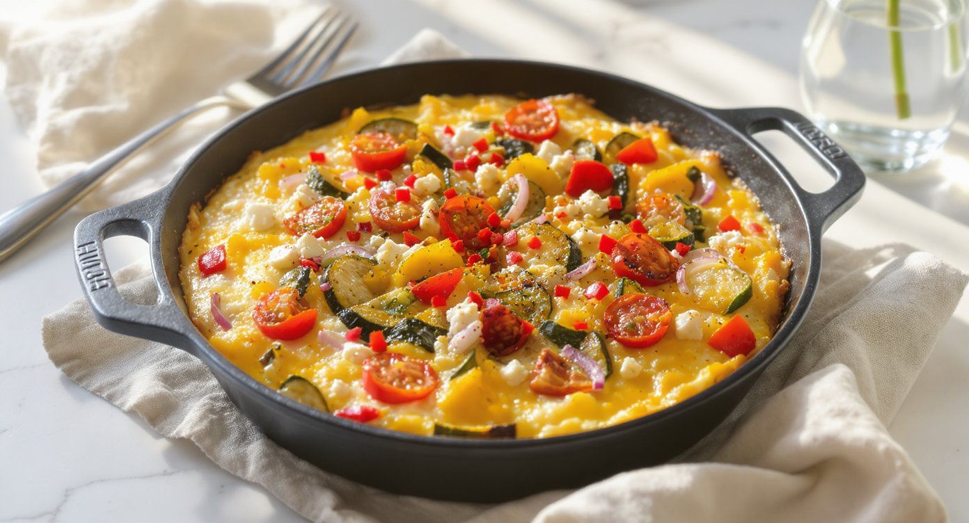 Savory Breakfast Egg Bake with Roasted Veggies & Herbed Feta