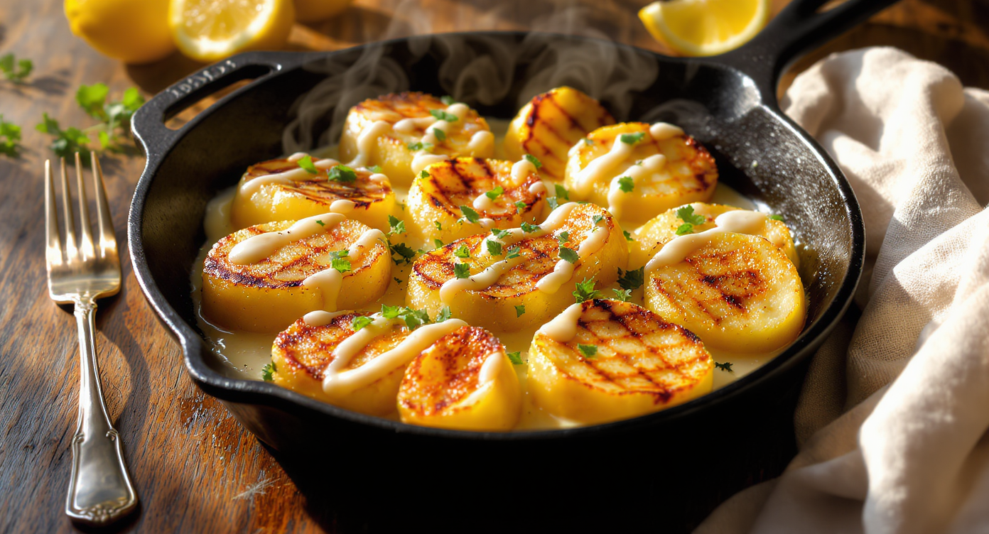 Crispy Griddled Smashed Potatoes with Herby Lemon Drizzle