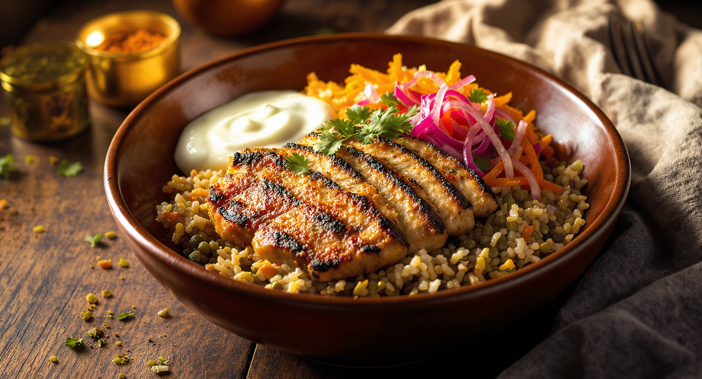 Tandoori Chicken & Lentil Rice Bowl with Pickled Onions and Cooling Cumin-Yogurt