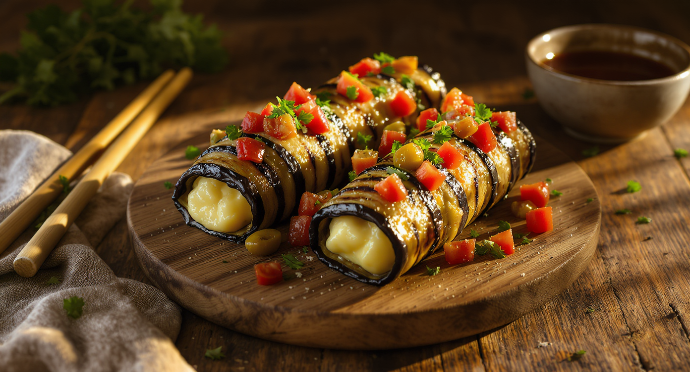 Gouda-Stuffed Grilled Eggplant Rolls with Herb Olive Relish