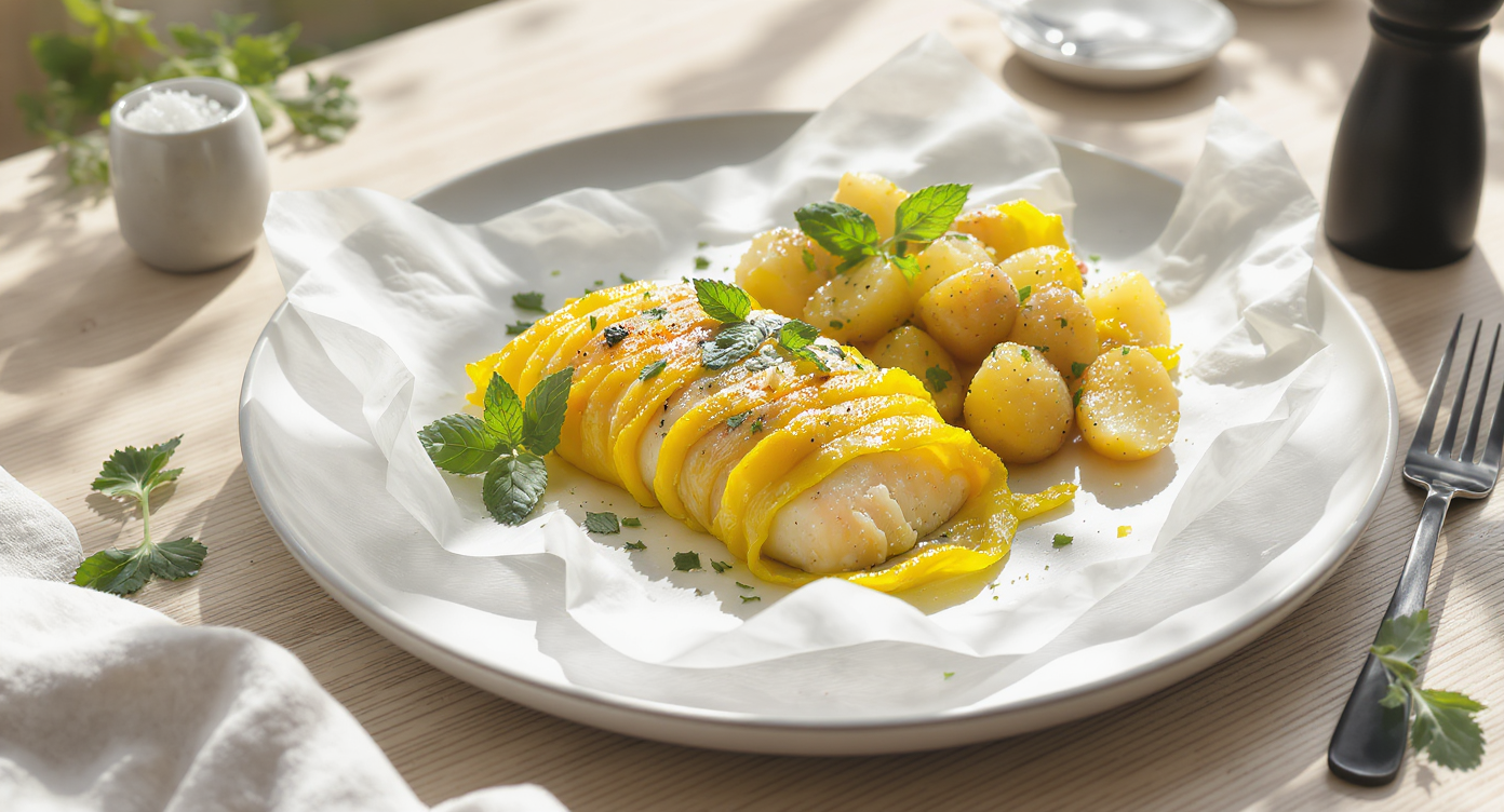 Lemongrass-Basil Fish En Papillote with Summer Squash Wrap and Herbed New Potatoes