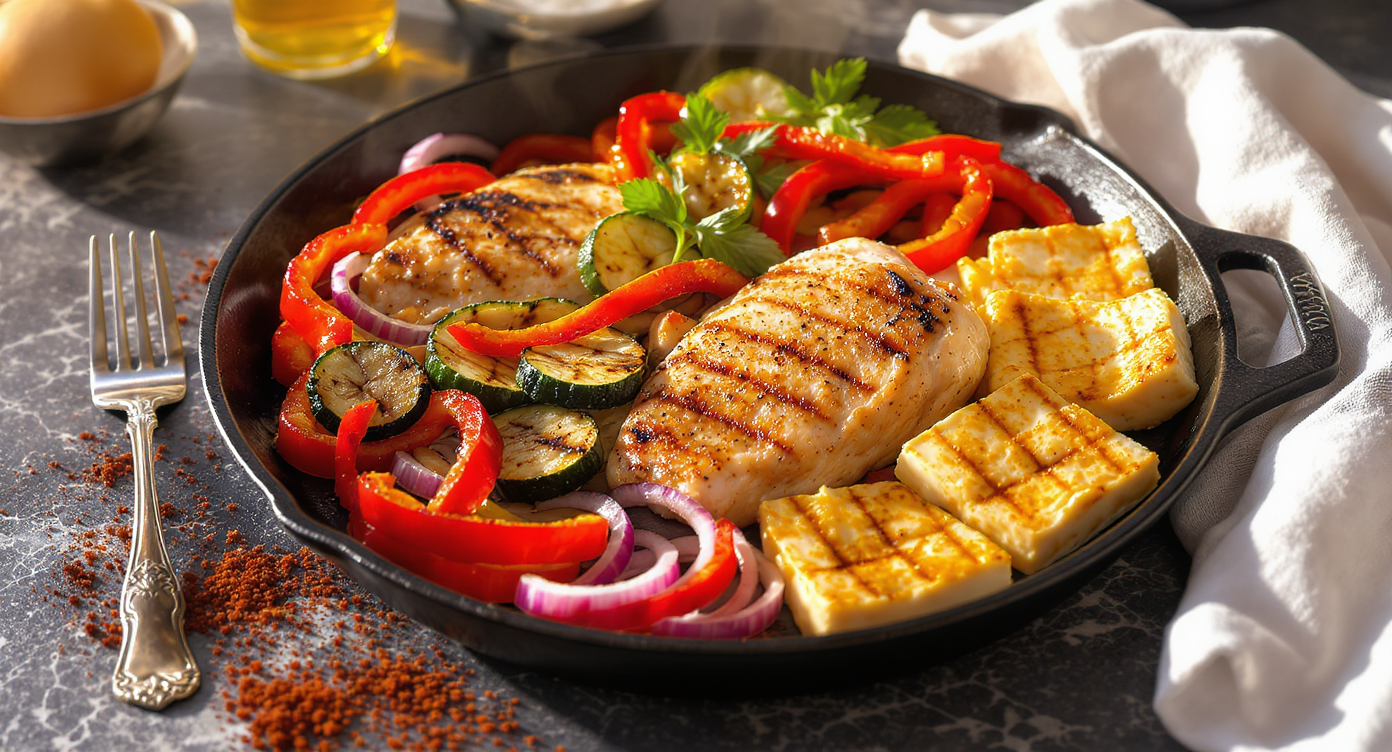 Sunshine Flat Grill Platter: Mediterranean-Inspired Chicken, Veggies & Halloumi