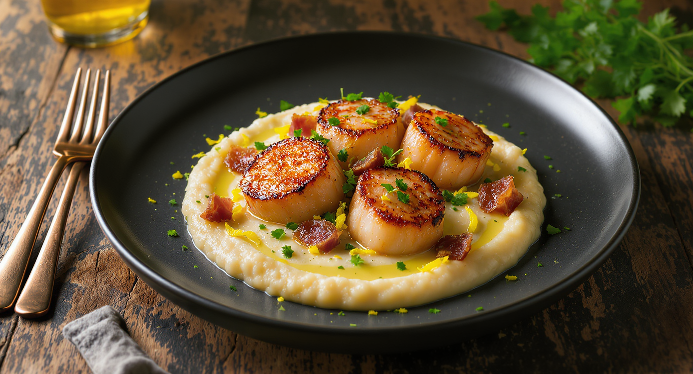 Seared Scallops with Crispy Pancetta, Herbed White Bean Purée & Lemon Gremolata