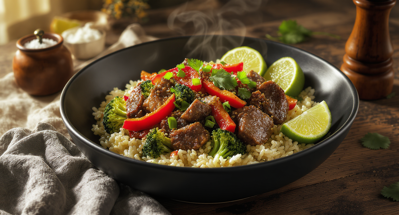 Paleo Mongolian Beef & Broccoli Stir-Fry with Toasted Garlic-Cauliflower Rice
