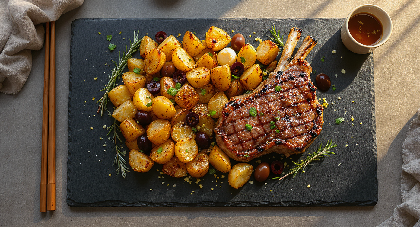 Herb-Marinated Grilled Lamb Chops with Roasted Garlic & Olive Oil Potatoes