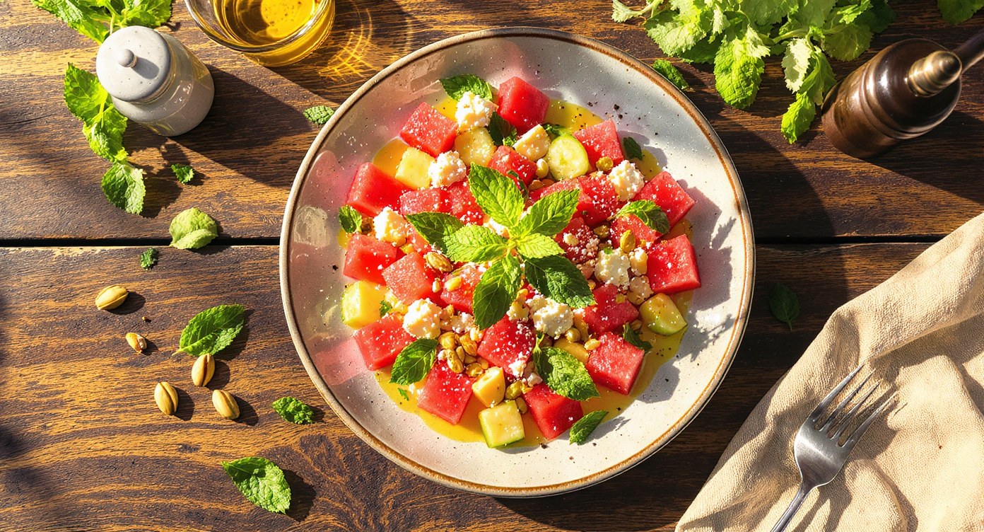 Mediterranean Watermelon & Feta Salad with Mint and Pistachios