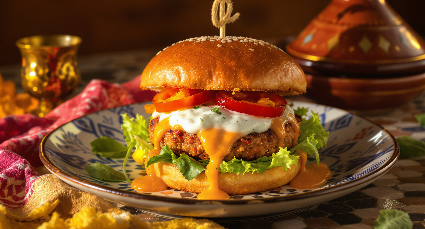 Moroccan Harissa-Spiced Chicken Burger with Mint Yogurt Sauce and Roasted Sweet Potato Wedges