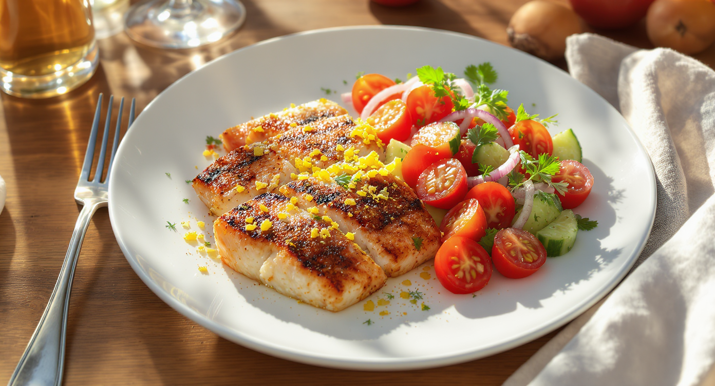 Grilled Lemon-Herb Fish with Tomato-Cucumber Salad